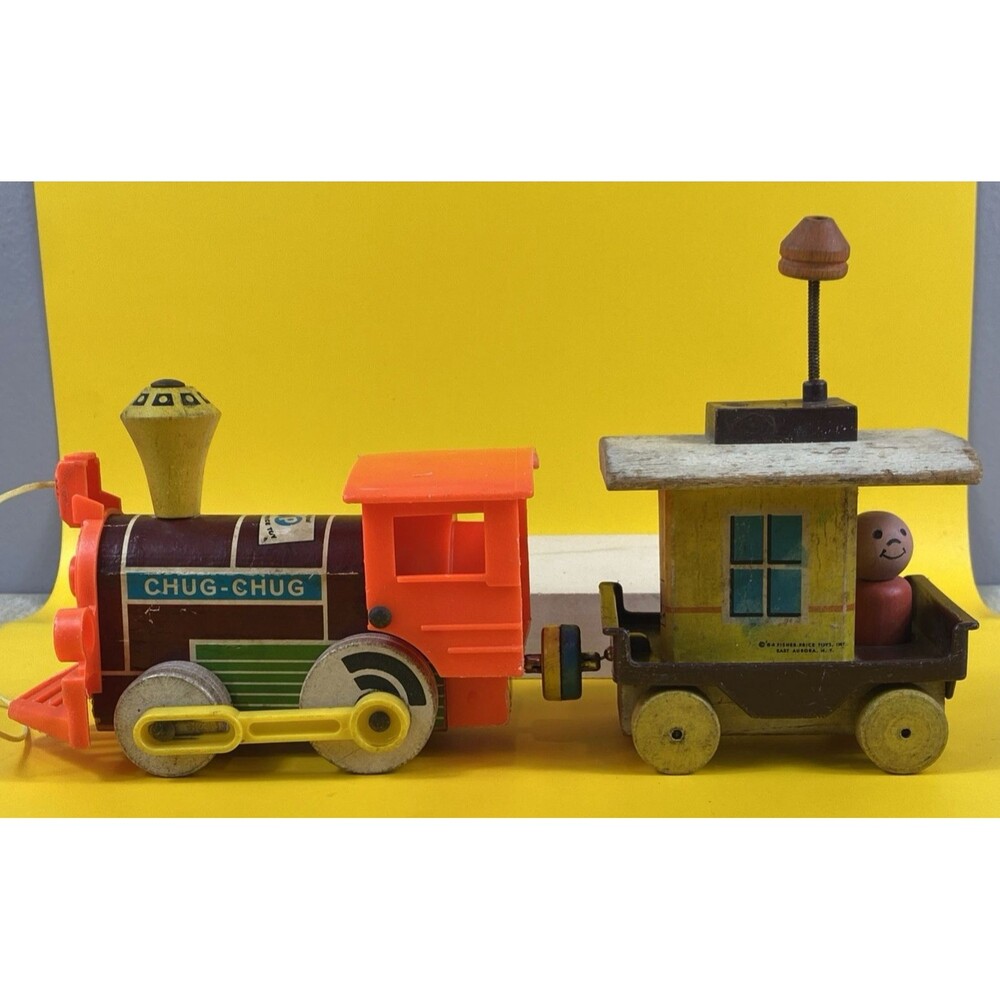 Fisher Price 1964 Wooden Magnetic Chug Chug Train Engine & Caboose Pull Toy